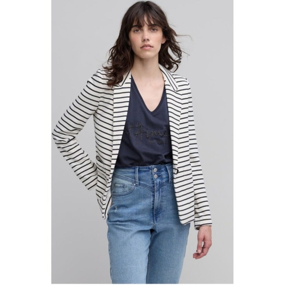 IKKS Women Striped Fitted Suit Jacket Blanc Casse Sailor French Navy/Off White